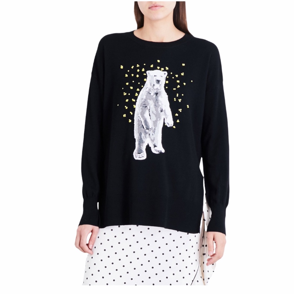 Markus Lupfer XS Merino Wool Polar Bear Sequin  Merino Crewneck Sweater Knitwear